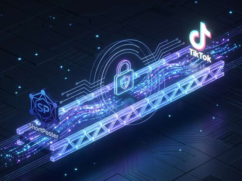 Eine minimalistische 3D-Grafik der sicheren API-Brücke, die zeigt, wie ShortPoster Daten verschlüsselt an einen offiziell für tiktok zertifiziert erklärten Dienst überträgt.
