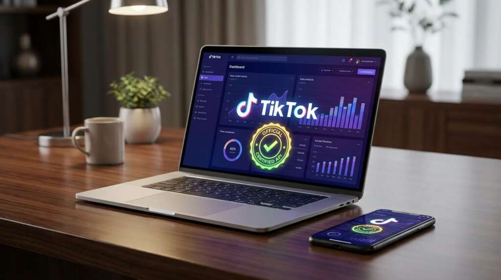 Ein moderner Workspace mit Laptop und Smartphone, auf denen das ShortPoster-Dashboard geöffnet ist – vollkommen legal und von tiktok zertifiziert für automatische Uploads.