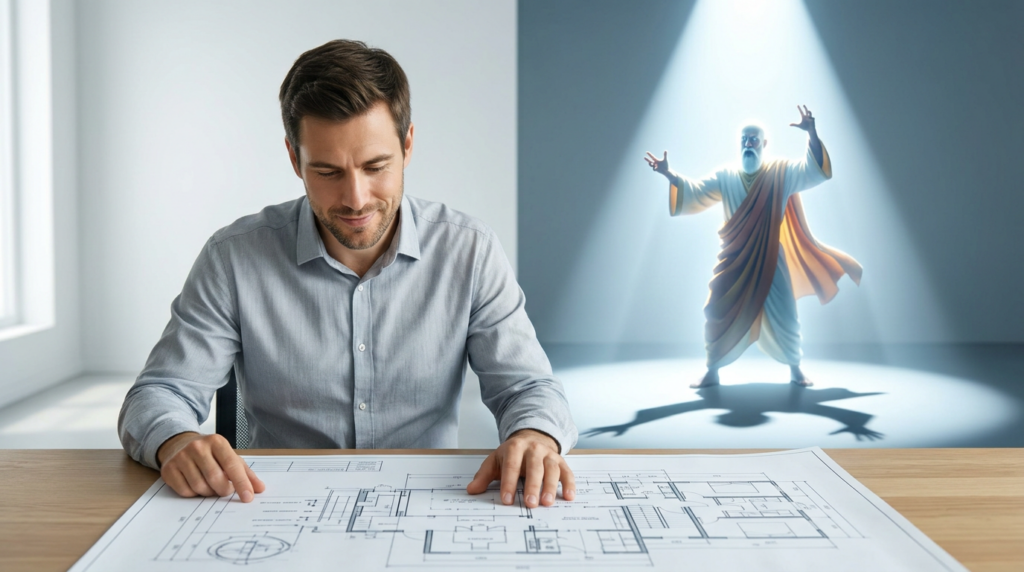 Ein fokussierter Entrepreneur ignoriert eine schillernde Guru-Figur und studiert einen konkreten Geschäftsplan.
