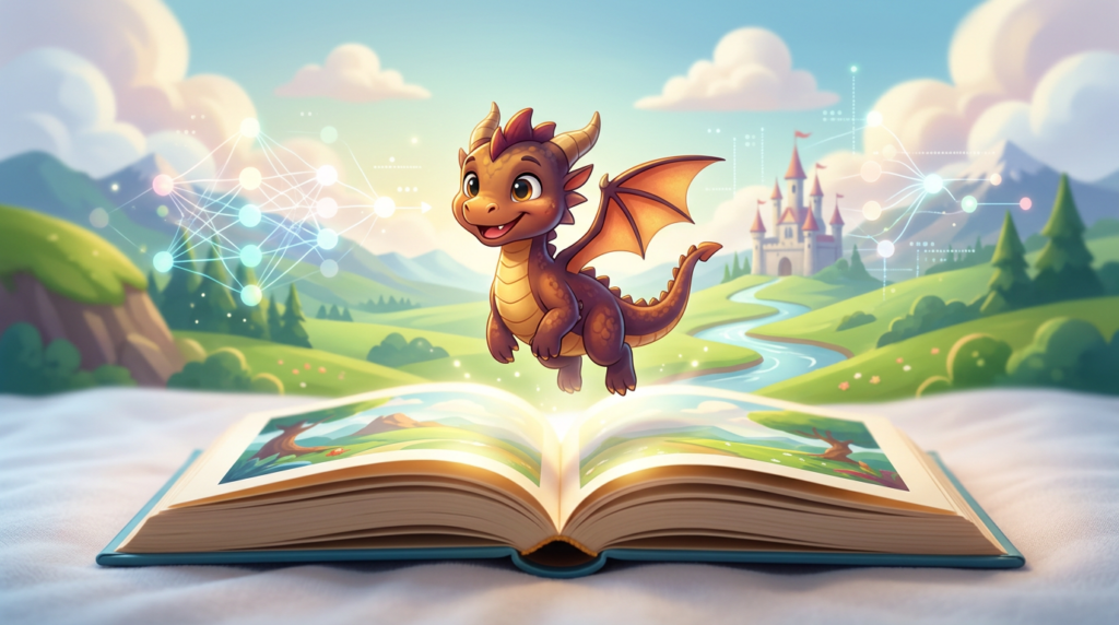Ein offenes Kinderbuch, aus dem eine freundliche, schwebende Fantasiefigur in eine bunte Märchenlandschaft aufsteigt, im Hintergrund dezent angedeutete KI-Elemente.