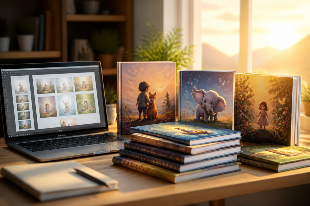 Ein digitaler Schreibtisch mit einem Laptop, der die BookPilot-Oberfläche zeigt, und daneben ein Stapel professionell aussehender, fertiger Kinderbücher.