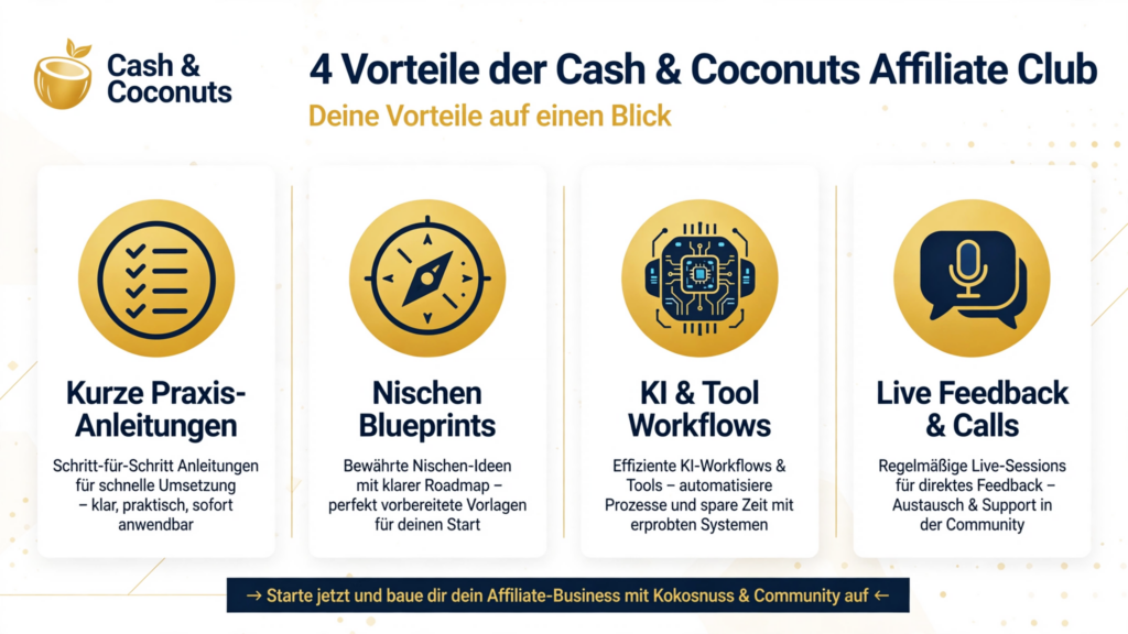 Die 4 Vorteile vom Cash und Coconuts Affiliate Club - Praxis Anleitungen, Nischen Blueprints, KI Workflows und Live Feedback