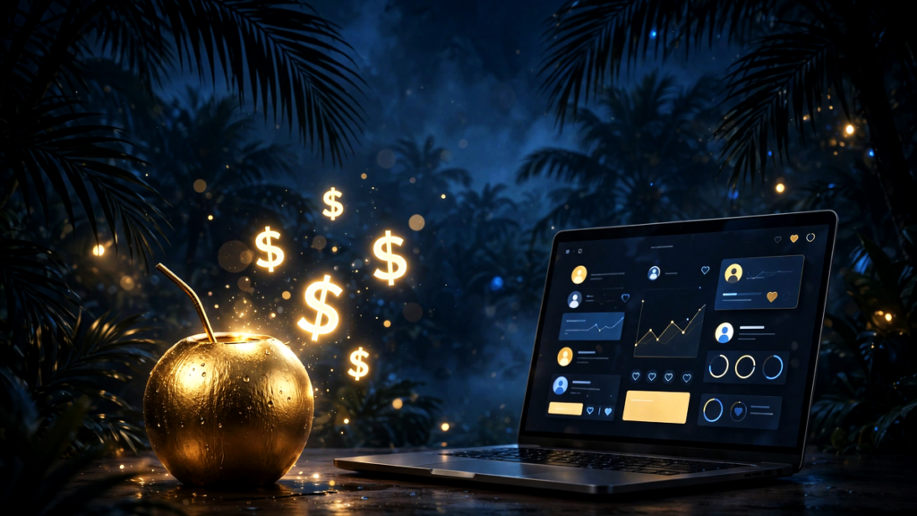 Goldene Kokosnuss mit Dollarzeichen und Laptop zeigt den Cash und Coconuts Affiliate Club auf Skool