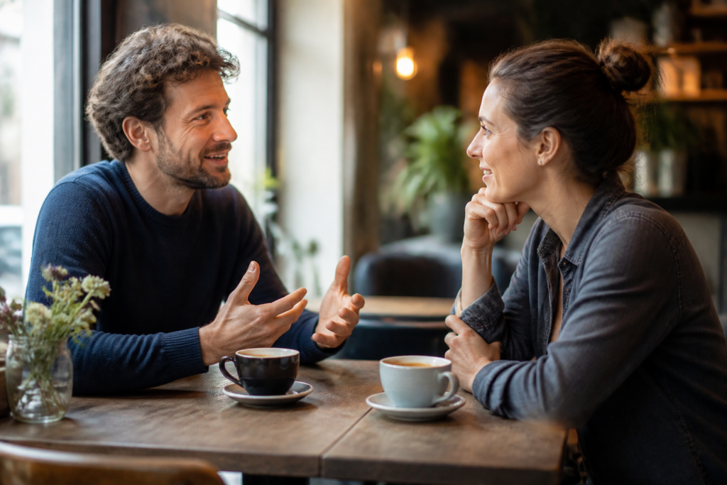 Zwei Personen führen in einem Café ein ehrliches, vertrauensvolles Gespräch über Kaffee.