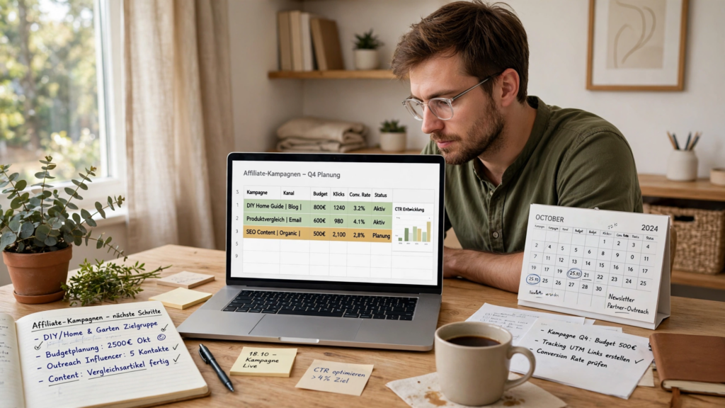 Affiliate Marketer organisiert seine Werbeaktionen am Laptop
