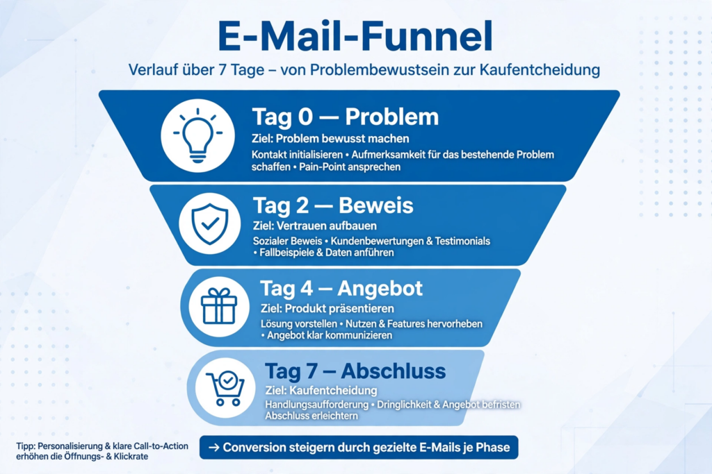 E-Mail Funnel Ablauf 7 Tage Problem Beweis Angebot Abschluss von Problembewusstsein zur Kaufentscheidung