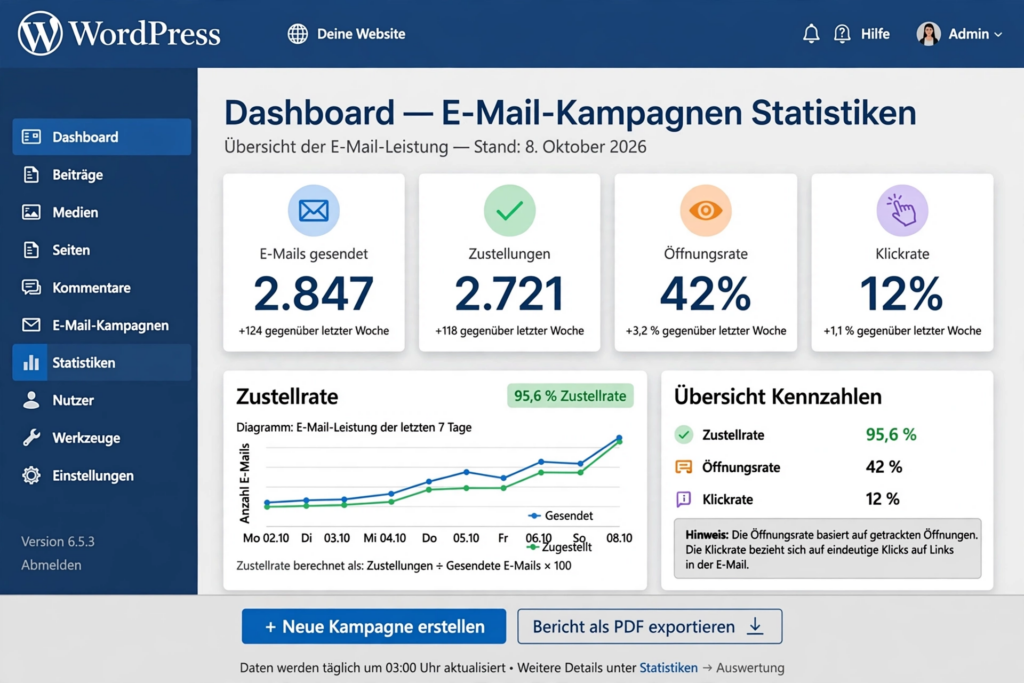 WordPress Dashboard Statistiken E-Mails gesendet 2847 Zustellungen 2721 Öffnungsrate 42 Prozent Klickrate 12 Prozent