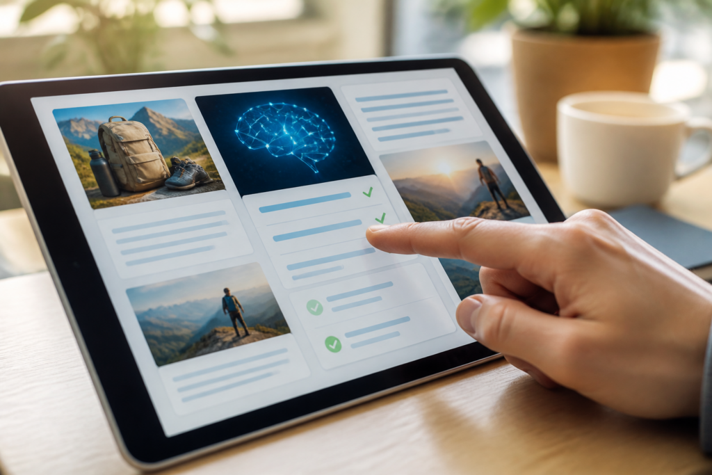 Nahaufnahme einer Hand, die auf einem Tablet KI-generierte Inhalte für Affiliate-Marketing prüft, was die einfache Unterstützung durch KI im VIP Affiliate Club 6.0 für Anfänger verdeutlicht.