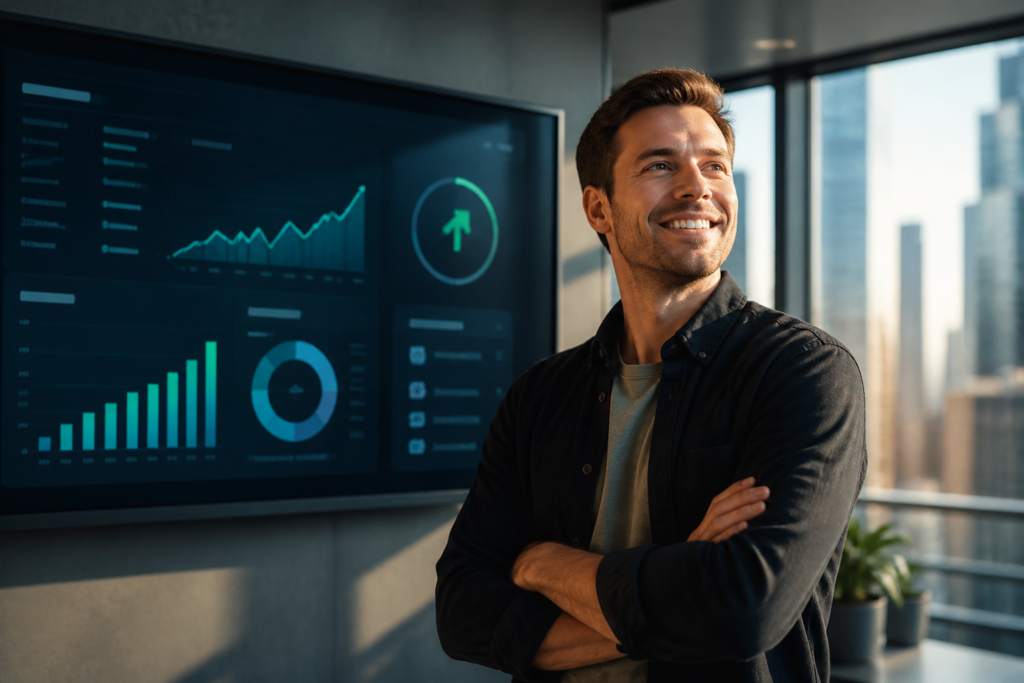 Eine selbstbewusste Person steht lächelnd vor einem Bildschirm, der Wachstum im Affiliate Marketing anzeigt, und blickt optimistisch in die Zukunft – ein Symbol für das positive Fazit zum VIP Affiliate Club 6.0.