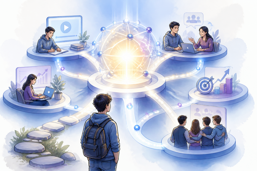 Eine abstrakt-futuristische Illustration zeigt ein leuchtendes, vernetztes System mit dem VIP Affiliate Club 6.0 als zentralem Punkt, der einen strukturierten Weg für Online-Marketing-Anfänger symbolisiert.